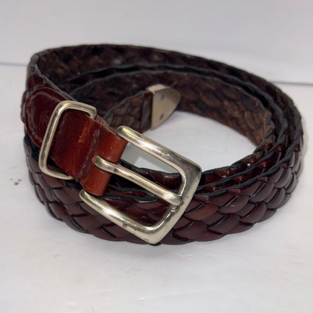 Dockers Braided Belt Mens 42 Brown Full Grain Leather Woven Solid Brass 2864
